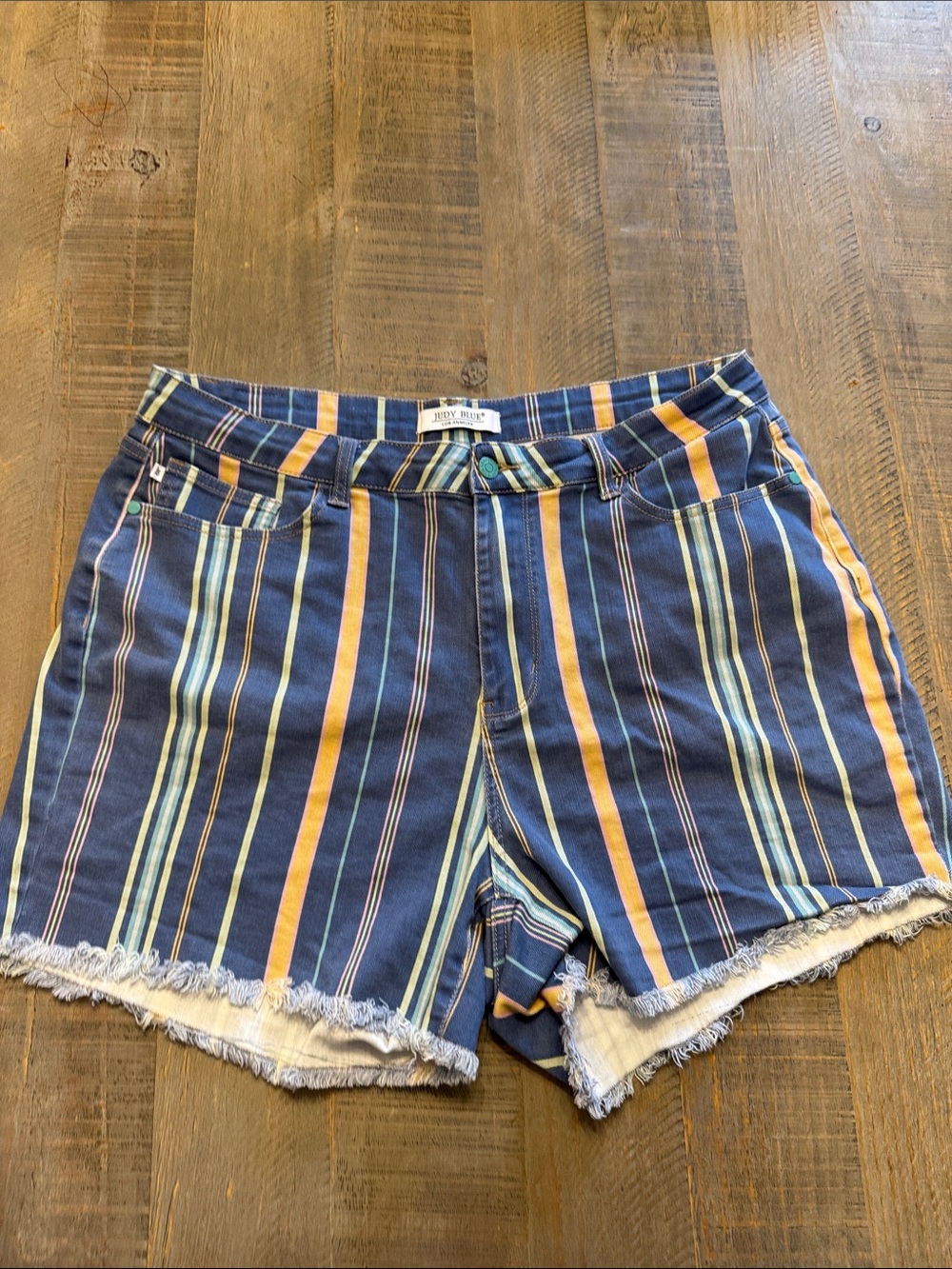 Judy Blue Navy, Yellow & Light Blue Striped Frayed Hem Jean Shorts